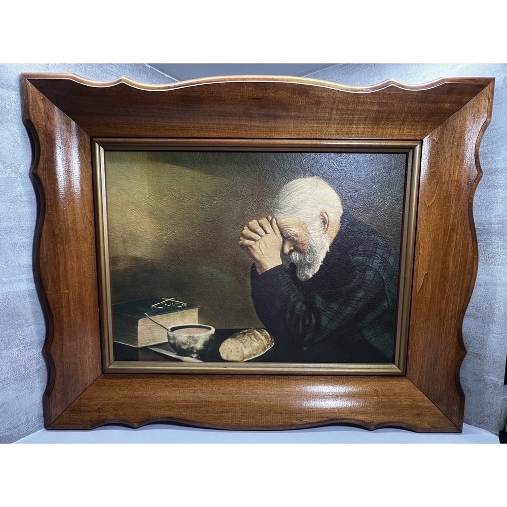 Vintage Grace Eric Enstrom Framed Art Print Praying Man Bread Soup 18x14.5